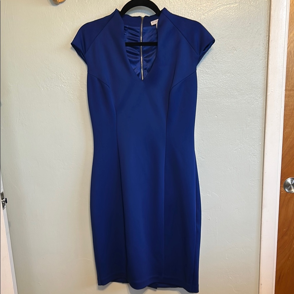 New York & Company Blue Sheath Dress Mock Neck Cap Sleeves